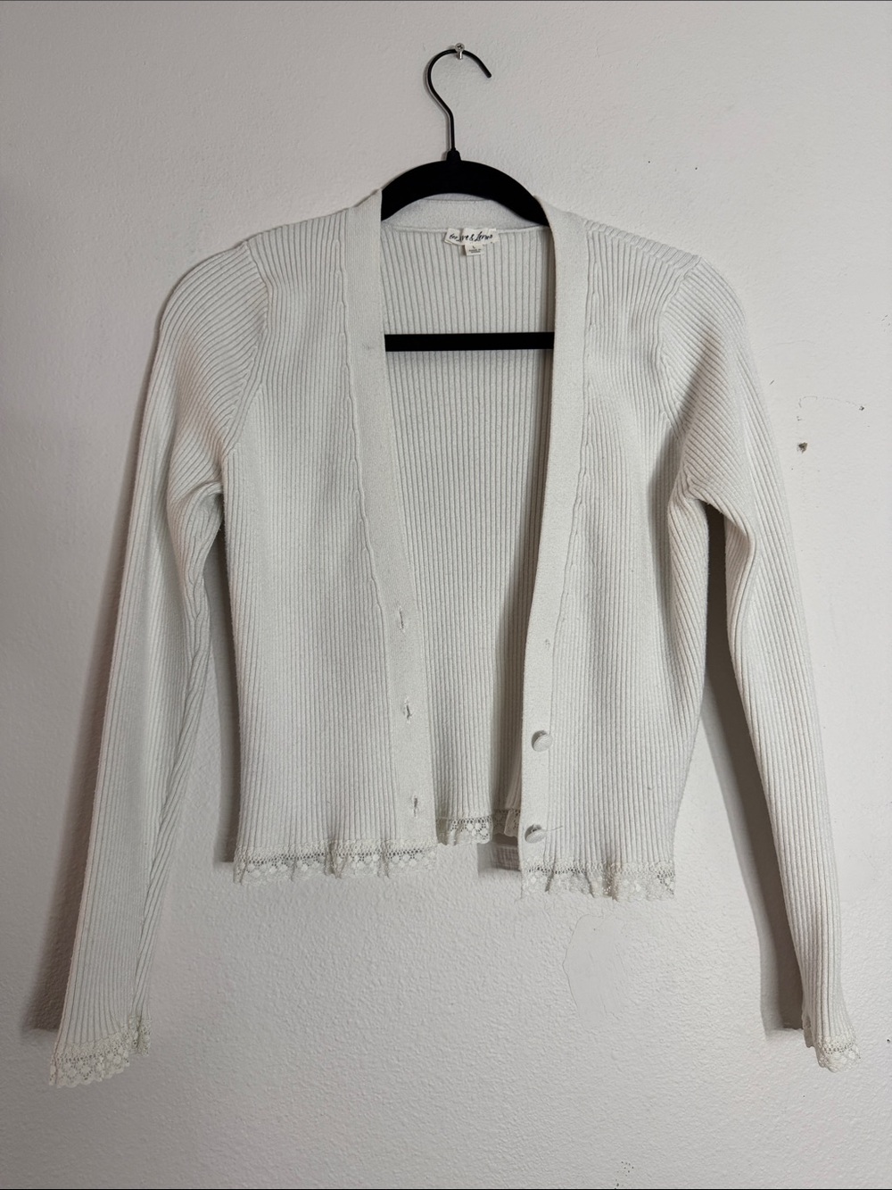 For Love & Lemons Nina Ribbed Lace Trim Cardigan White